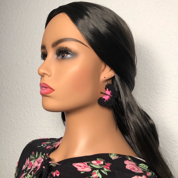 Handmade Crochet Hot Pink Butterfly Earrings - Picture 8 of 9